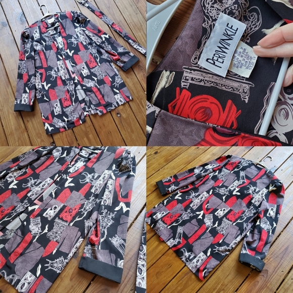 Vintage 80's 90's size 18 XL black red abstract long sleeve open jacket w/ belt - Picture 6 of 7